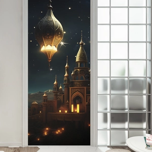 Vue détaillée du sticker de porte château fantastique avec lustre lumineux et ciel étoilé