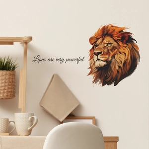 Lion head wall decal with 'Lions are very powerful' text for living room home decor