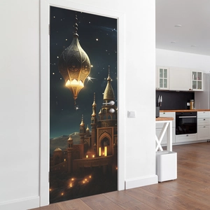 Sticker de porte décoratif pour l'Aïd avec château fantastique et lanternes de nuit
