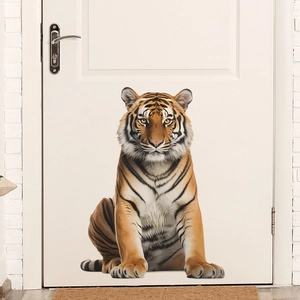 Detail of 3D tiger door sticker with realistic fur texture on a white wooden door