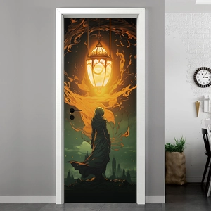 Creative mystery goddess door sticker with warm lantern and fantasy city silhouette