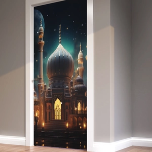 Detail view of 3D door sticker featuring a majestic golden palace under a starry moonlit sky