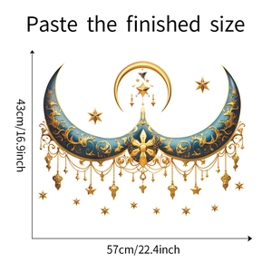 Detail showing blue and gold crescent moon wall sticker with dimensions 43cm by 57cm