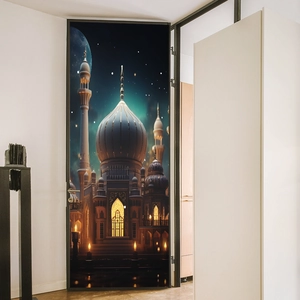 3D Islamic mosque night view door sticker with glowing minarets and starry sky art