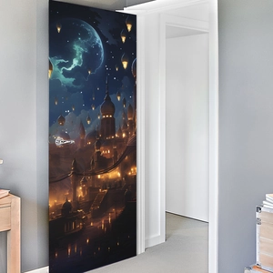 3D door sticker featuring exotic fantasy castle and golden floating lanterns at night