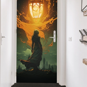 Artistic goddess and lantern wall door sticker in a hallway interior setting