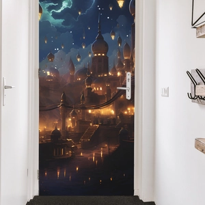 3D creative door mural featuring a fantasy night city with glowing domes and lanterns