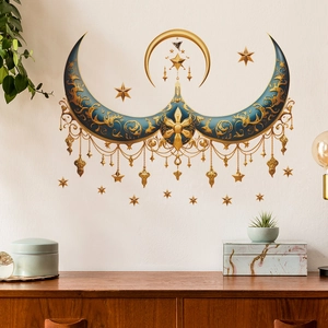 Deep blue and gold crescent moon wall stickers with stars for Middle Eastern home decor