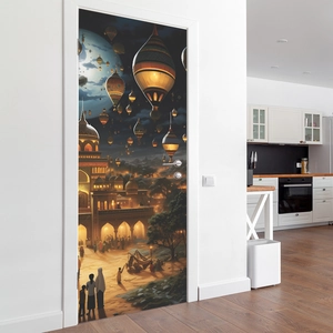 Macro view of fantasy hot air balloons and castle wall decal on a modern white door