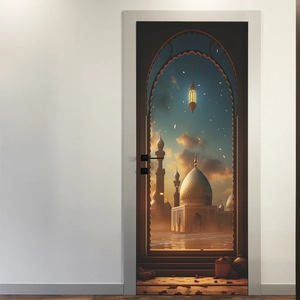 Middle Eastern style door sticker with archway, glowing mosque, and lantern design