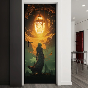 Fantasy wall sticker showing a hooded figure and glowing lantern on a modern white door