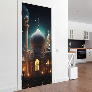 3D self-adhesive door sticker featuring Islamic castle and starry night palace mural