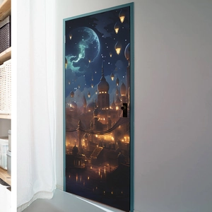 Detail view of fantasy night city door sticker with crescent moon and lanterns