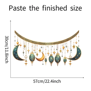 Detailed wall sticker size dimensions 57x30cm featuring golden crescent moon and lanterns