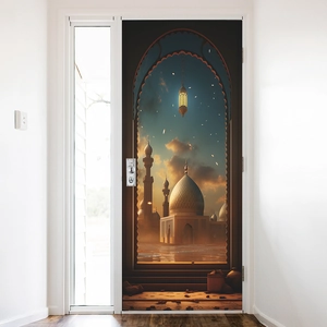 Self-adhesive PVC wall sticker with Islamic mosque arch and golden lantern design