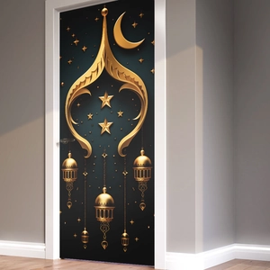 Detail of 3D Ramadan crescent moon and gold hanging lamps on a dark blue door sticker