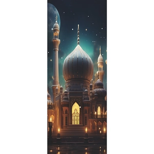 Dreamy Islamic castle door sticker with starry night sky and golden mosque architecture