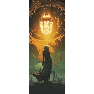 Goddess silhouette wall sticker with fantasy fire lantern and mystic orange glow