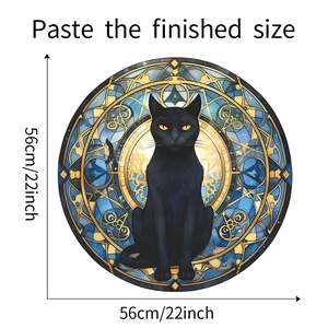 Detailed 56cm black cat wall sticker with mandala pattern in stained glass art style