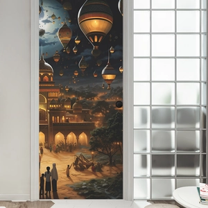 Middle Eastern style 3D door sticker featuring a fantasy hot air balloon and castle night
