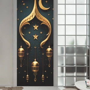 Ramadan Eid Mubarak Door Sticker Islamic Gold Moon Star Lantern Relief Wall Decal Self Adhesive Home Decor Mural Art
