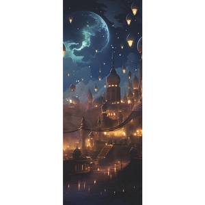 Exotic fantasy castle door sticker with glowing lanterns and a giant blue planet