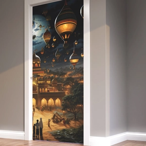 Exotic Middle Eastern castle wall mural with crescent moon and hot air balloons for home