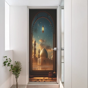 3D Door Sticker Islamic Mosque Archway Sunset View PVC Self Adhesive Middle Eastern Style Wall Mural For Home Decoration