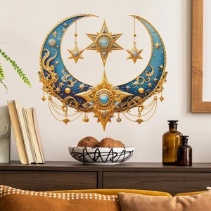 Ethnic moon and stars wall decal in gold and sapphire blue for bedroom home decor