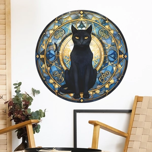 Artistic round black cat wall sticker with stained glass style and celestial motifs