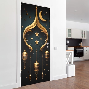 Golden moon and star pendant wall sticker with Islamic embossed design on white door