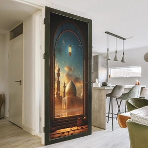 Detail of Middle Eastern arch door sticker with mosque lanterns and dusk scenery