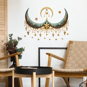 Bohemian blue moon wall sticker with golden vine patterns and star accents for home decor