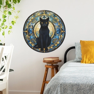 Artistic round black cat wall sticker with blue and gold stained glass geometric pattern