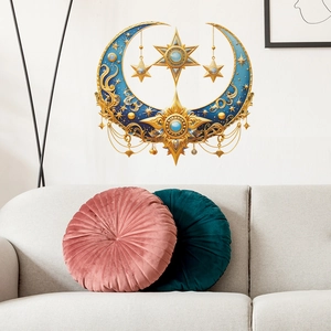 Ethnic moon wall sticker with gold embossed patterns and starry pearl tassels