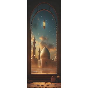 Middle Eastern style arch doorway wall sticker featuring mosque lanterns and sunset view