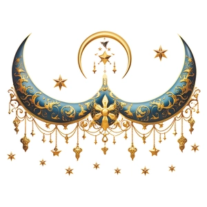 Golden moon lamp wall sticker with intricate Middle Eastern floral patterns and star charms