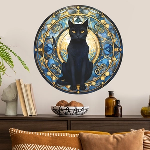 Artistic round black cat wall sticker with colorful stained glass pattern for home decor