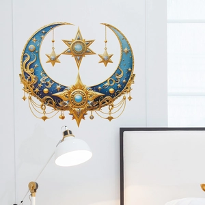 Blue and gold crescent moon wall sticker with stars and ornate patterns for bedroom decor
