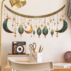 Blue moon and stars wall decals with bohemian starry patterns for home wall decor