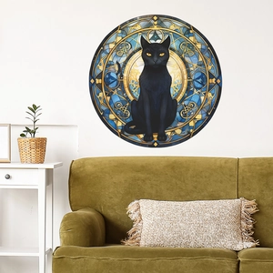 Artistic round black cat wall sticker with stained glass patterns in a cozy living room
