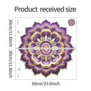Detailed dimension guide for purple mandala wall stickers showing 60x60cm scale markings