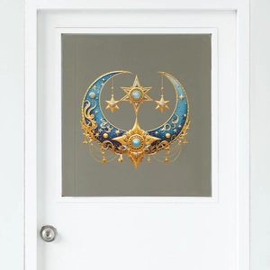 Detailed view of gold moon and star wall sticker with ornate baroque patterns on glass