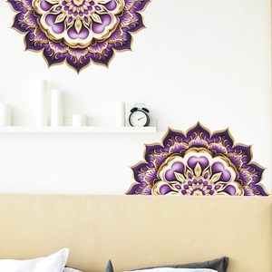 Purple and gold mandala wall decals for living room decor with a 3D visual effect
