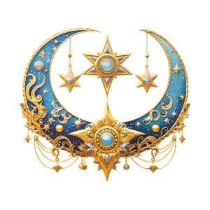 Exotic golden moon pendant with blue enamel, stars and tassels for wall decoration