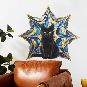 Wandtattoo schwarze Katze mit blau-goldem Mandala-Stern für Wohnzimmer Dekoration