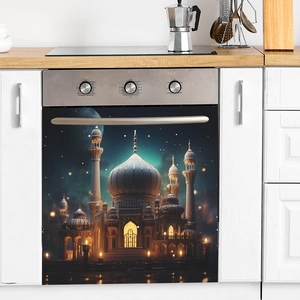 Romantic Middle Eastern castle dishwasher sticker with mosque design in starry night scene