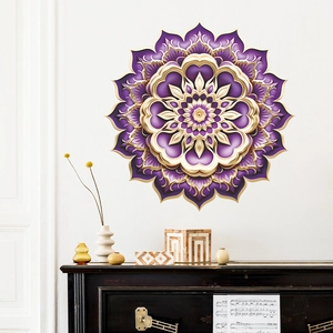 Purple and gold 3D mandala wall sticker with intricate geometric floral pattern