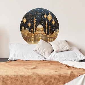 Sticker mural rond château doré et nuit étoilée pour décoration de chambre
