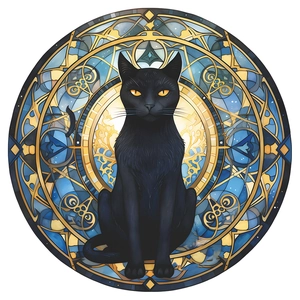 Artistic round black cat stained glass wall sticker with blue and gold vine patterns